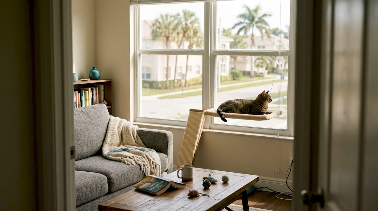 Cat on window perch in sunny apartment