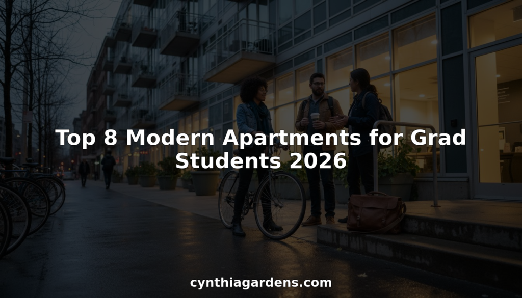 Graduate students outside modern apartment building at dusk