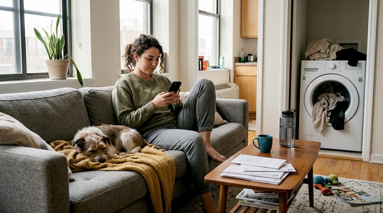 Apartment resident relaxing in convenient living room