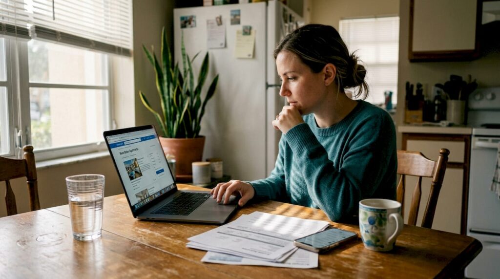Woman organized papers searching apartments online