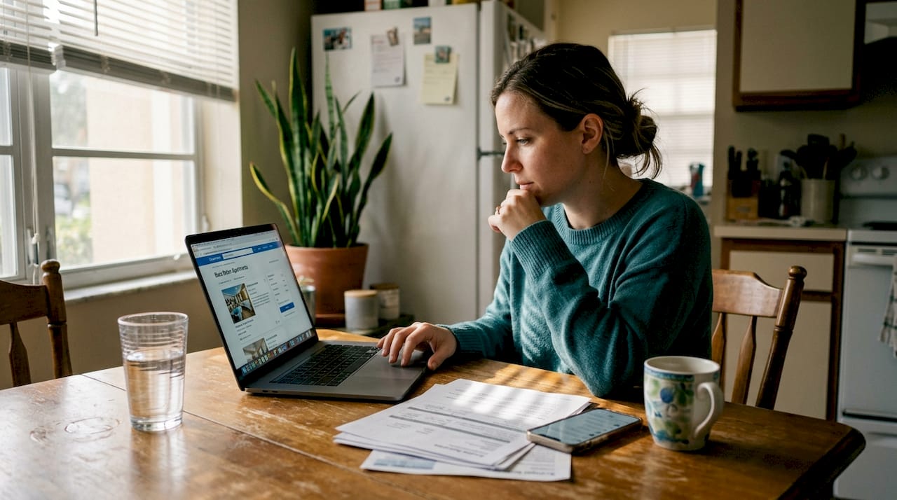 Woman organized papers searching apartments online