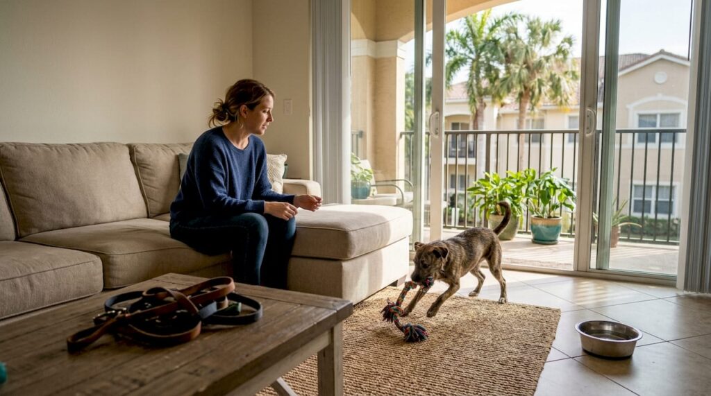 Woman playing with her dog in apartment living room