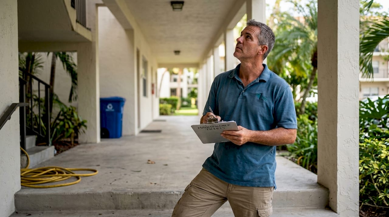 Maintenance manager checking Boca Raton apartment complex