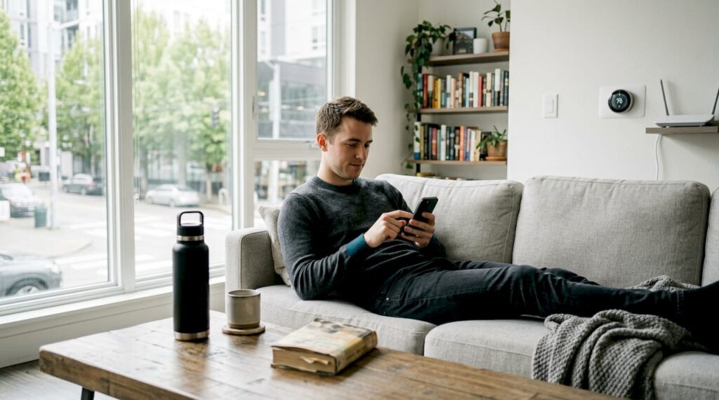 Person using smart app in apartment living room