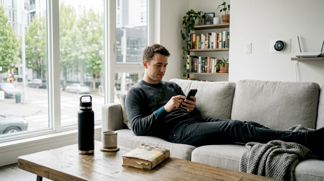 Person using smart app in apartment living room