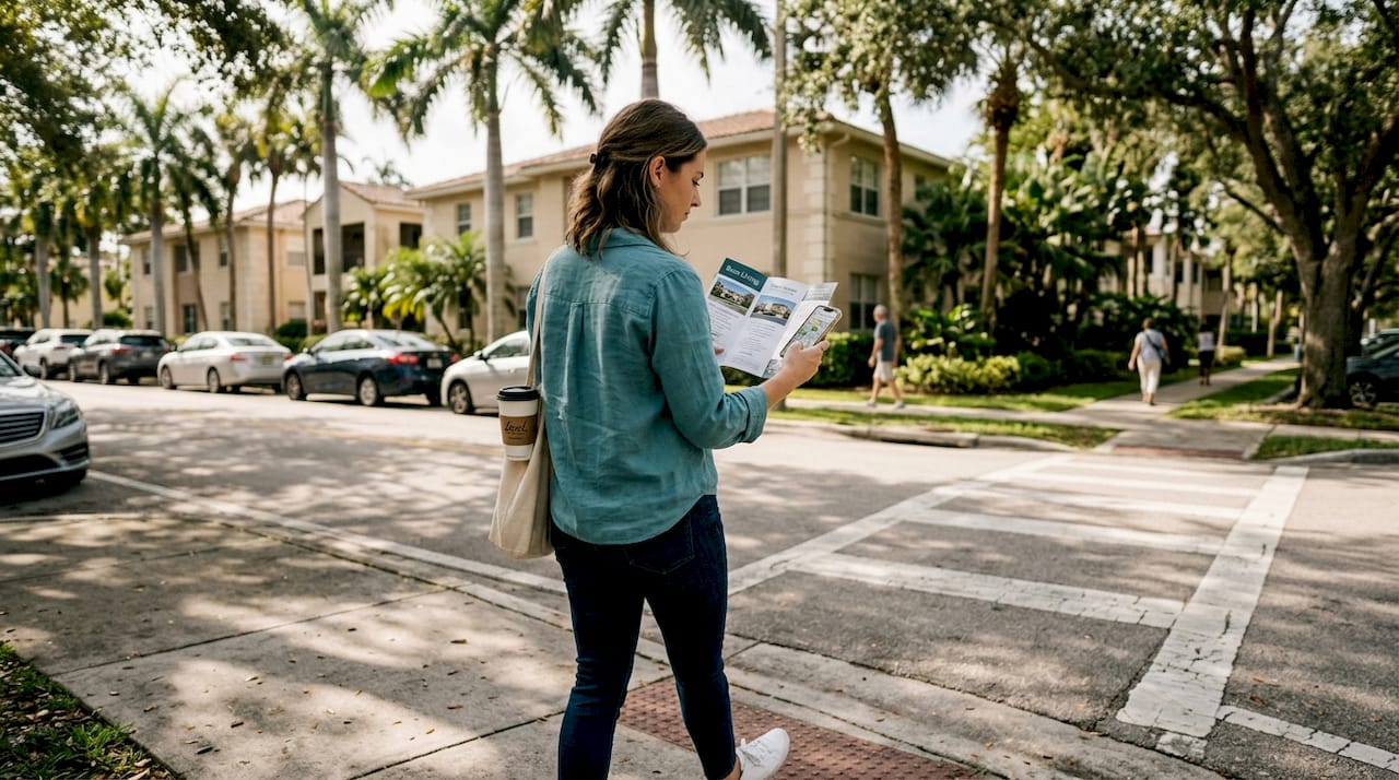 Young woman apartment hunting in Boca Raton neighborhood