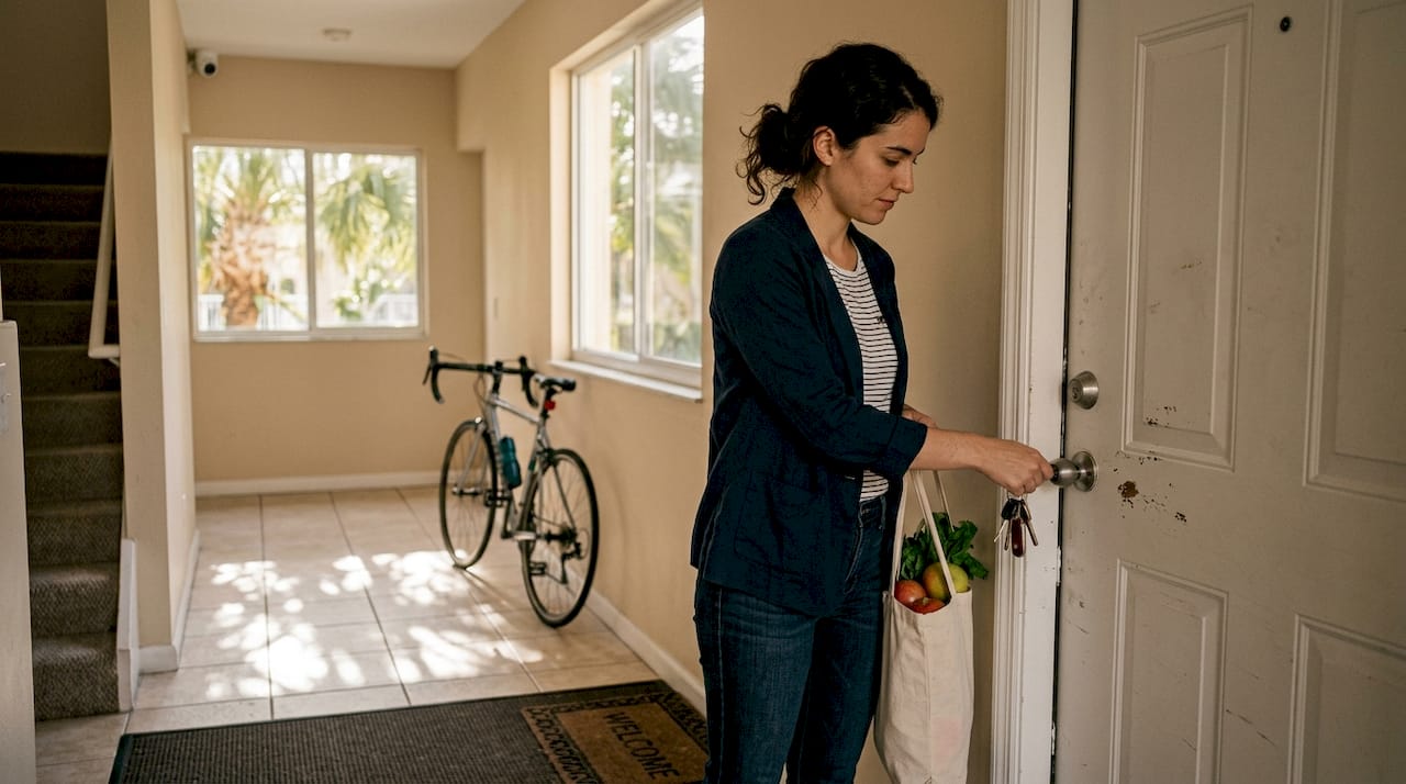 Woman entering secure Boca Raton apartment
