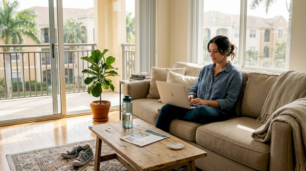 Woman browsing rental reviews in sunlit apartment