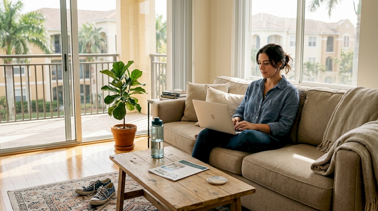 Woman browsing rental reviews in sunlit apartment