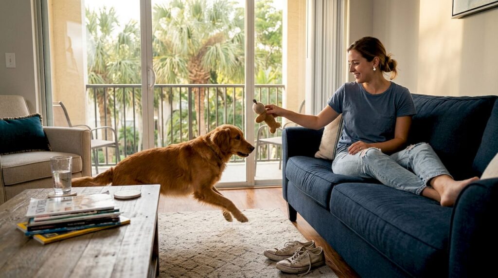 Young woman playing with dog in apartment