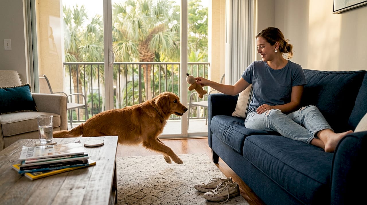Young woman playing with dog in apartment