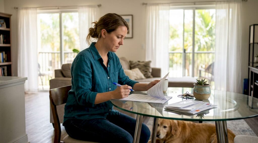 Woman reviews pet agreement with her dog at home