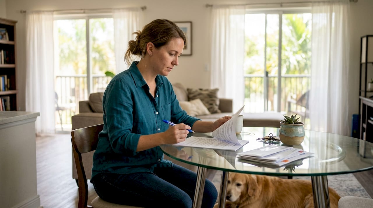 Woman reviews pet agreement with her dog at home