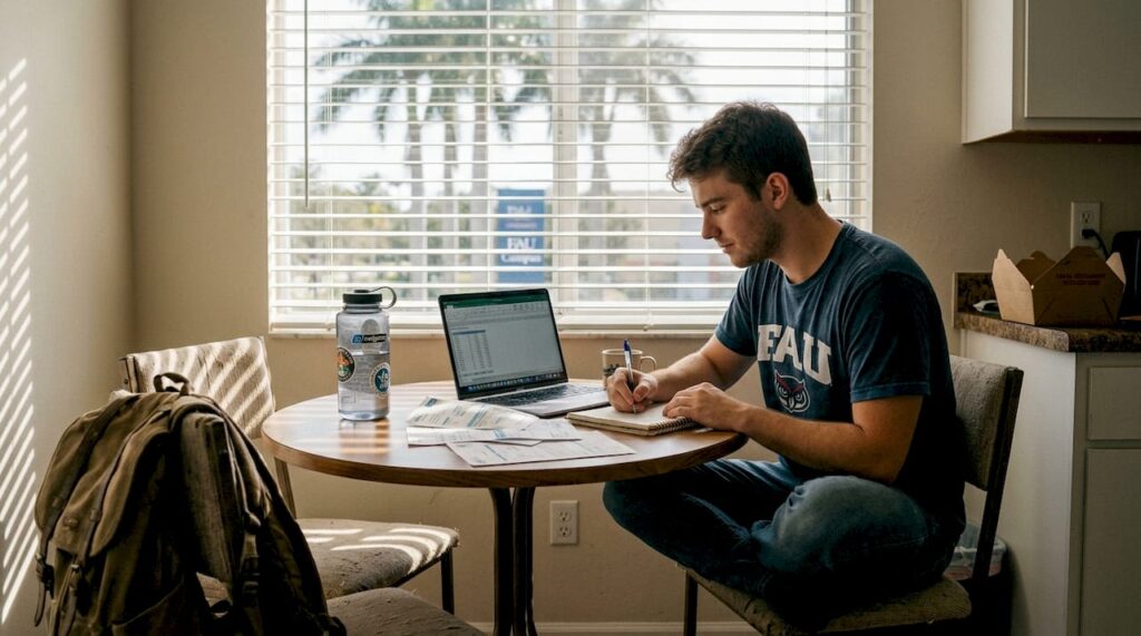 FAU student budgeting at dining table with laptop