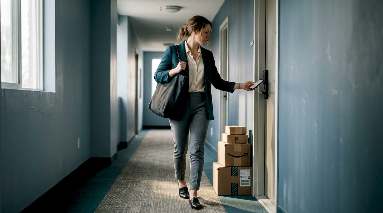 Woman uses smartphone for apartment entry