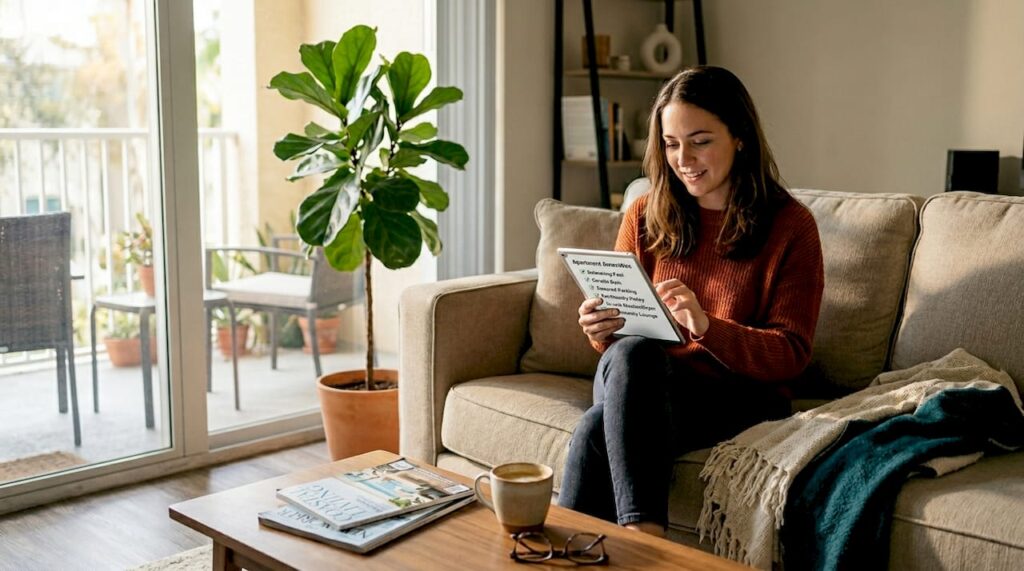 Renter reviewing amenities in Boca Raton apartment