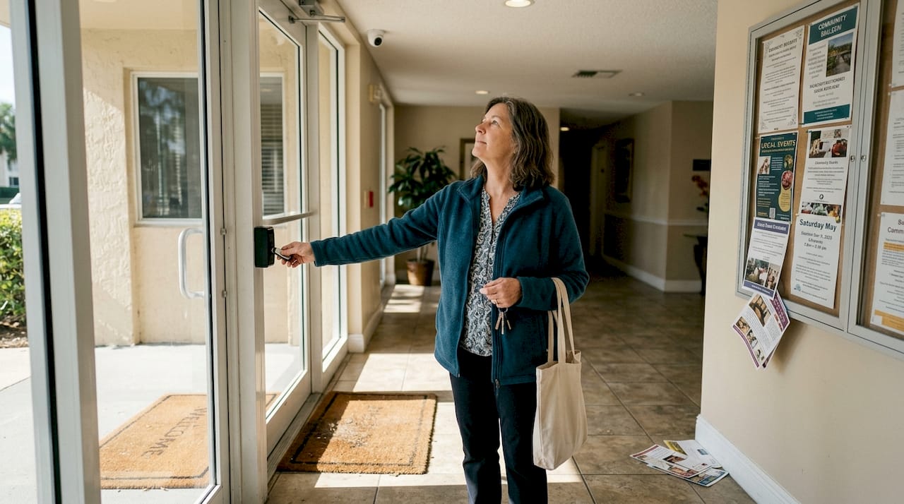 Renter unlocking secure apartment entry