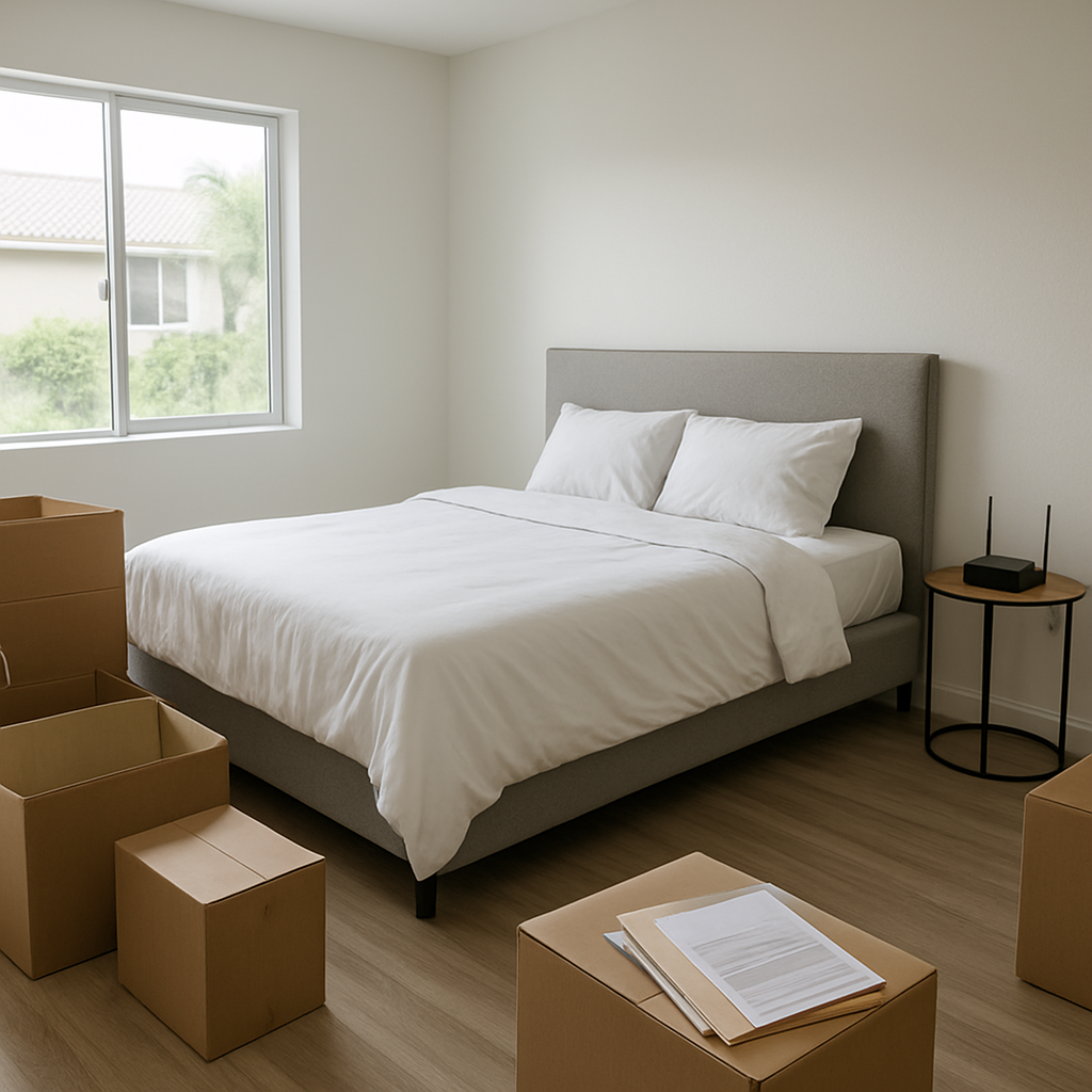 A neatly made bed with white bedding in a simple, bright bedroom. Cardboard boxes and a stack of papers are on the floor, suggesting moving in or out. A small round table with a router sits beside the bed near a window.