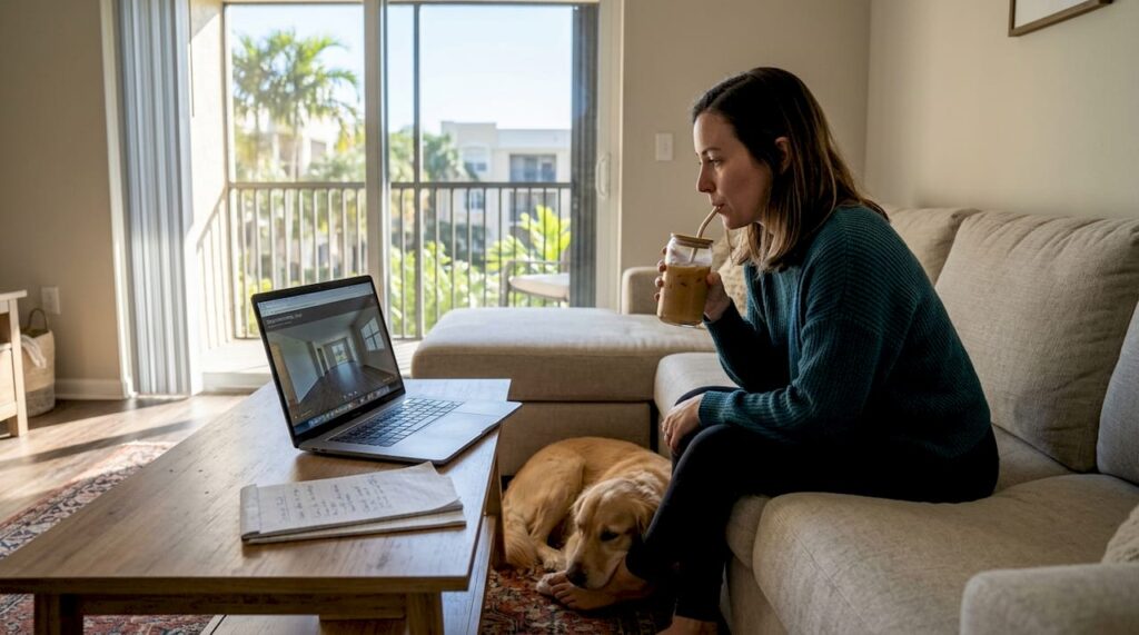 Woman watching virtual apartment tour at home