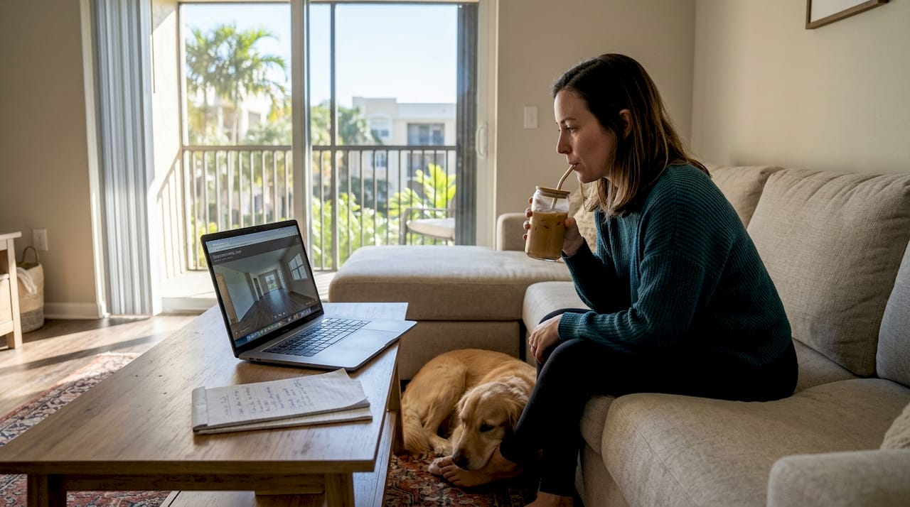 Woman watching virtual apartment tour at home