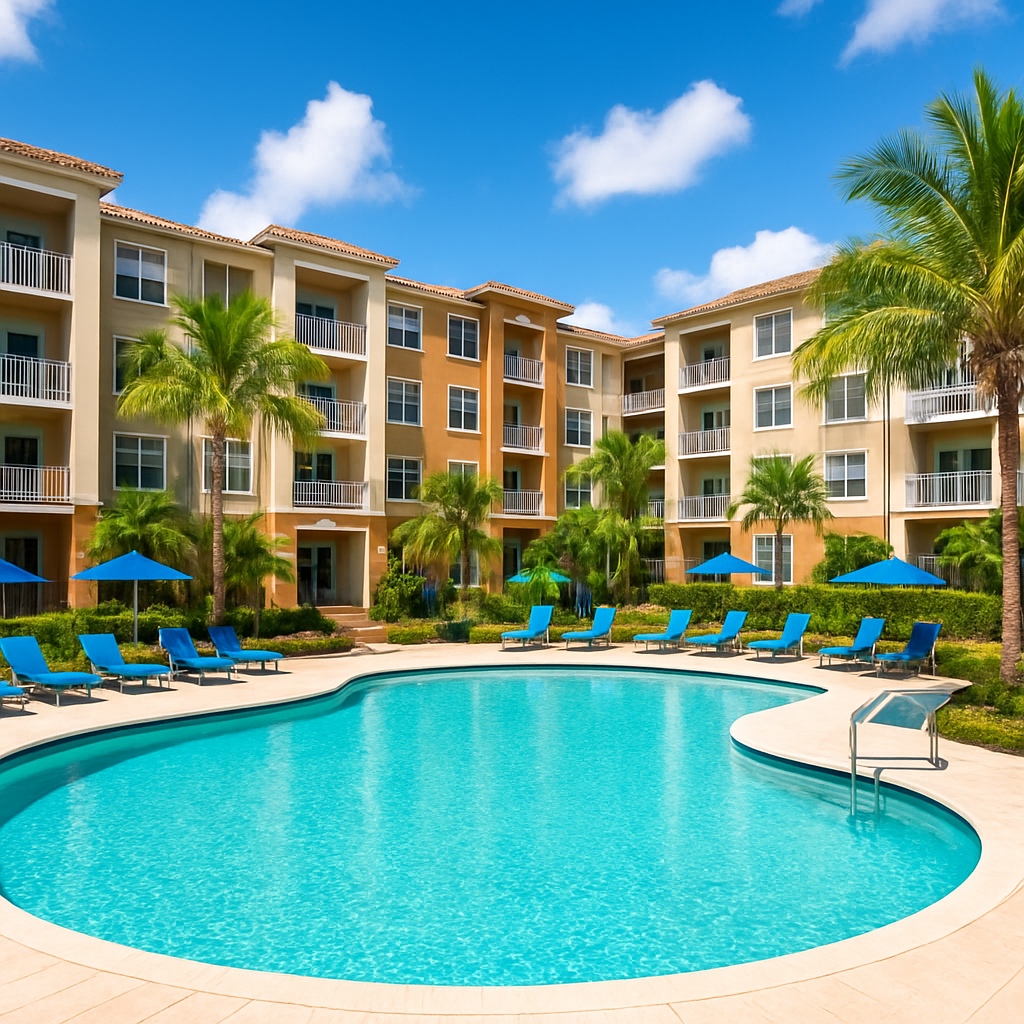 A resort-style apartment complex with palm trees and neatly landscaped gardens surrounds a curved outdoor swimming pool. Blue lounge chairs and umbrellas line the poolside under a bright, sunny sky.