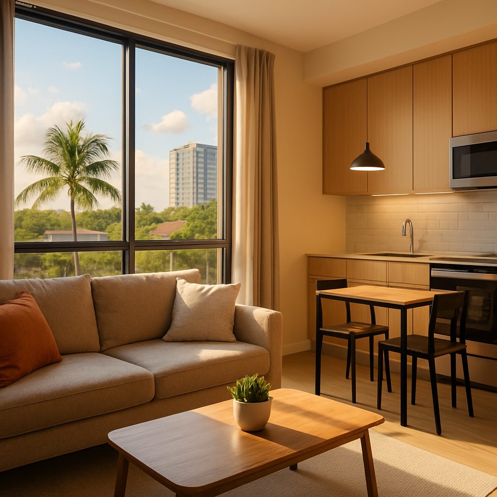 A modern, sunlit apartment living room with a beige sofa, wooden coffee table, small dining set, and kitchenette. Large window shows a palm tree and city building outside under a blue sky.