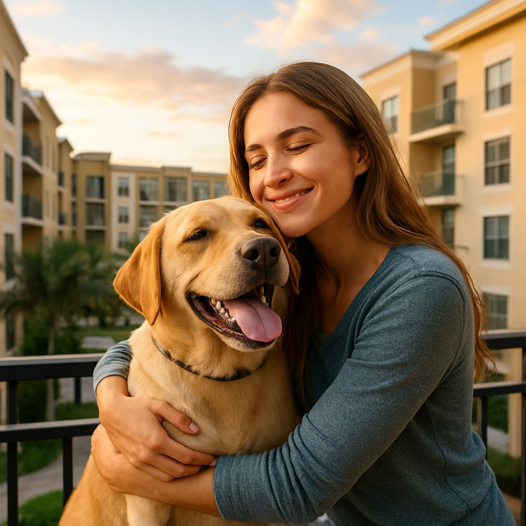 A young woman with long brown hair hugs a happy yellow Labrador retriever on a balcony, with apartment buildings and a blue sky in the background. Both appear content and joyful.