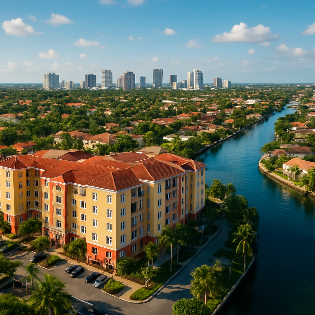Aerial view of a colorful apartment building by a canal, surrounded by palm trees and suburban homes, with a city skyline visible in the distance under a blue sky with scattered clouds.