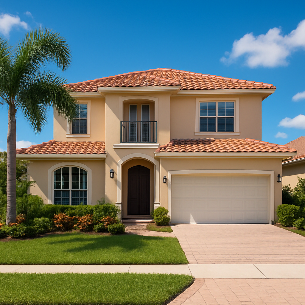 A two-story beige house with a red-tiled roof, arched windows, and a double garage, surrounded by green lawn, shrubs, and a palm tree under a bright blue sky with a few clouds.