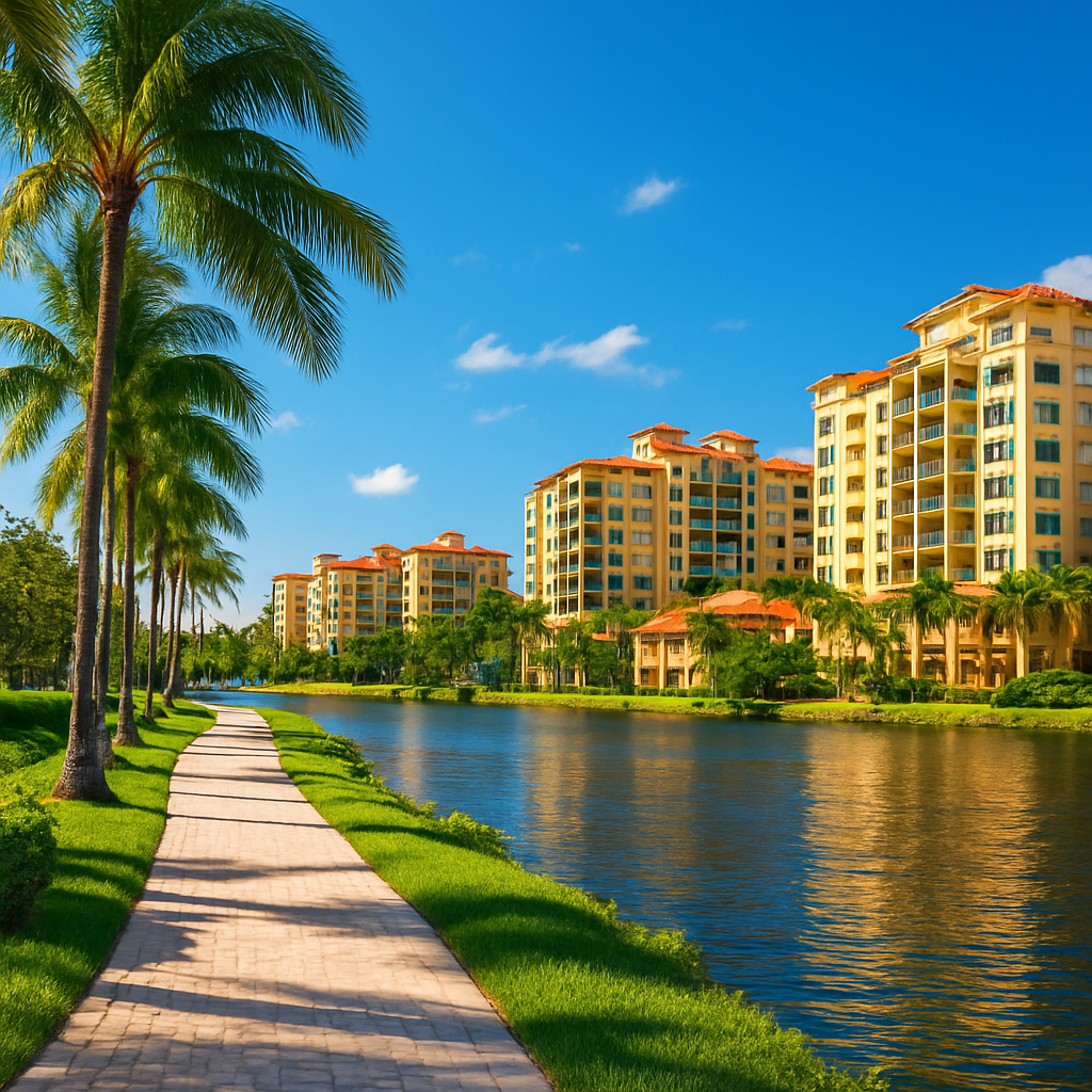 A sunny walkway lined with palm trees runs alongside a calm waterway, facing several modern, yellow apartment buildings with red roofs under a clear blue sky.