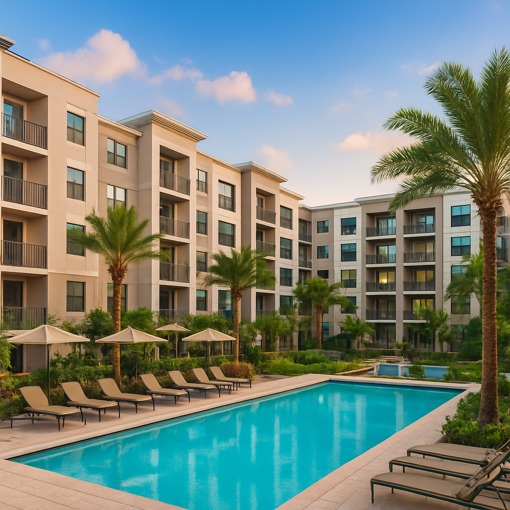 Modern apartment complex with palm trees surrounding a clean outdoor swimming pool, lined with lounge chairs and umbrellas, under a blue sky with a few clouds at sunset.