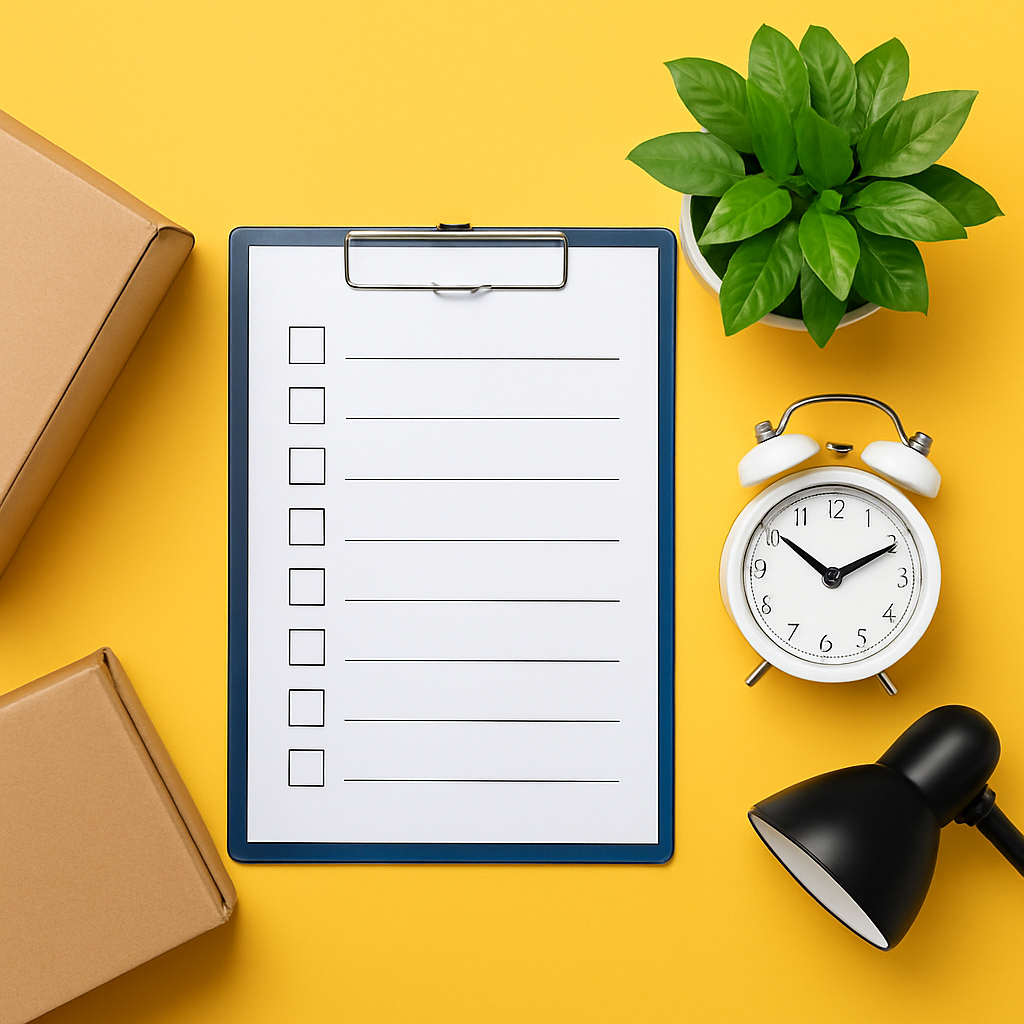 A blank checklist on a clipboard is surrounded by a green potted plant, a white alarm clock, a black desk lamp, and two brown cardboard boxes on a yellow background.
