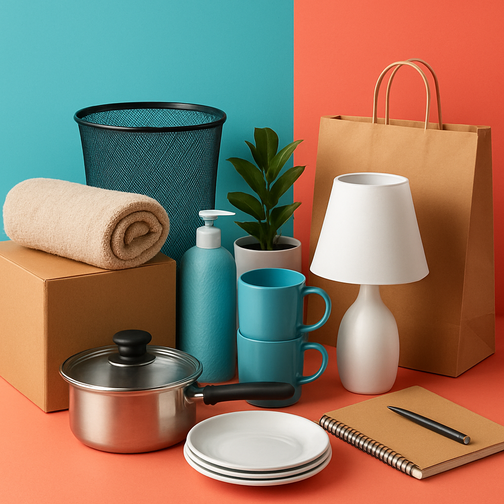 A collection of household items on a two-tone background, including a lamp, two turquoise mugs, soap dispenser, potted plant, saucepan, plates, towel, wire bin, cardboard boxes, notebook with pen, and a paper shopping bag.
