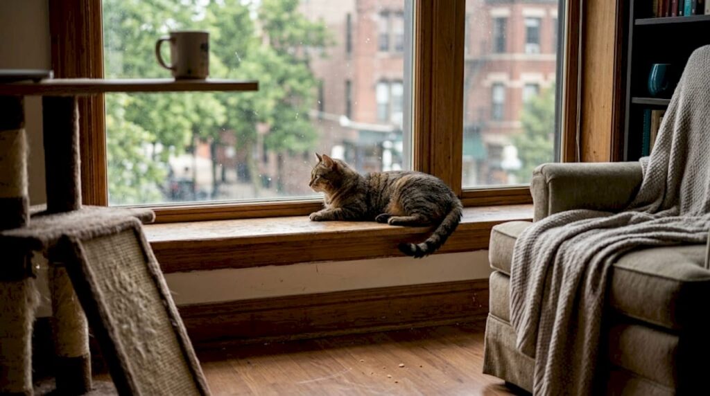Cat relaxing on windowsill in sunny apartment