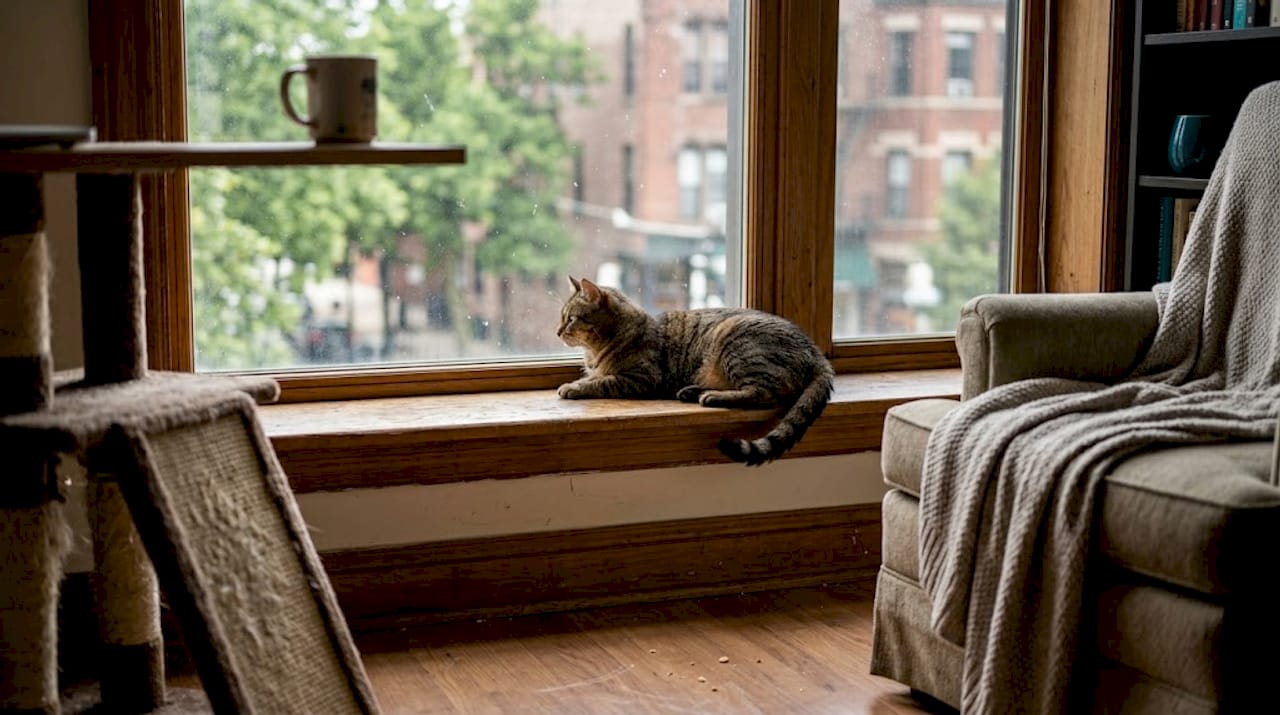 Cat relaxing on windowsill in sunny apartment