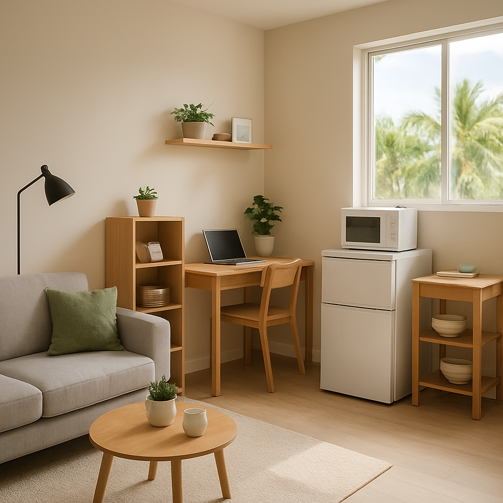 A bright, minimalist studio with light wood furniture, a gray sofa, small round coffee table, desk with a laptop, a shelf with plants, a floor lamp, and a kitchenette with a fridge, microwave, and window showing palm trees.