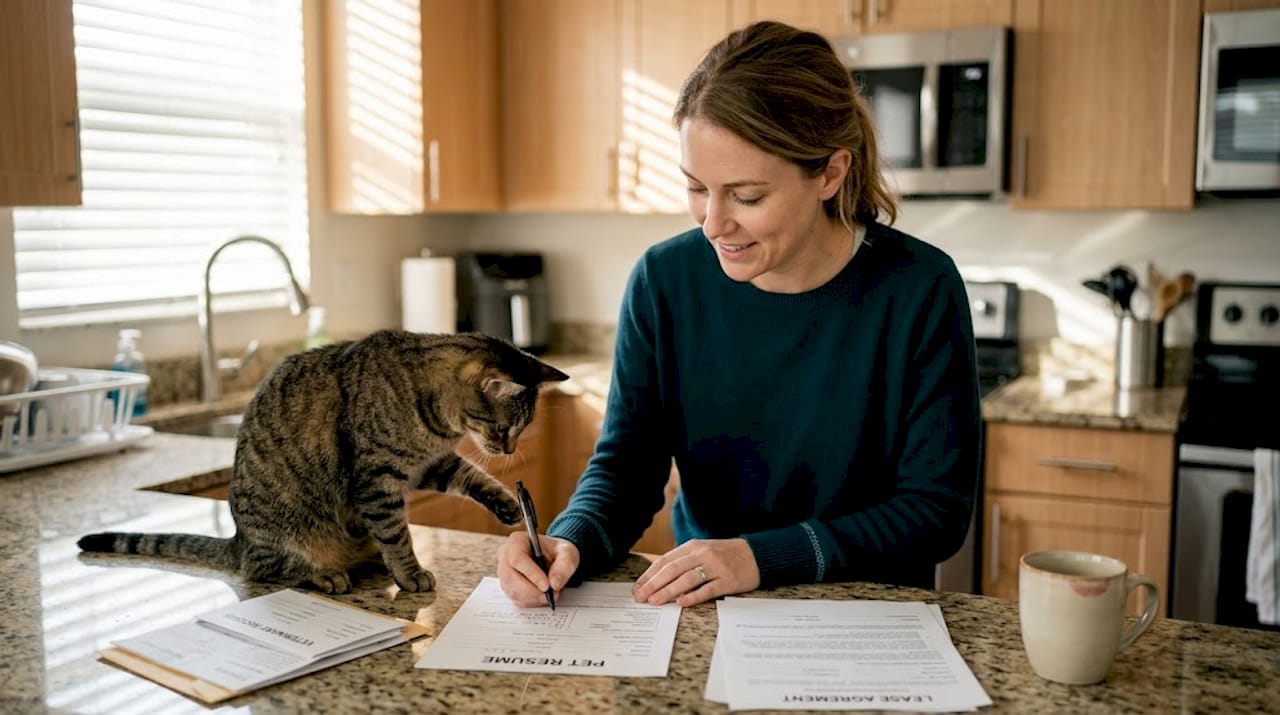 Woman prepping cat resume in apartment