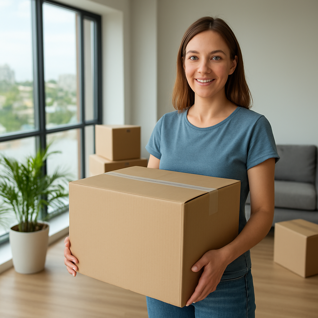 A woman stands in a bright living room holding a large cardboard box, surrounded by more boxes and a potted plant, suggesting she is in the process of moving or unpacking.