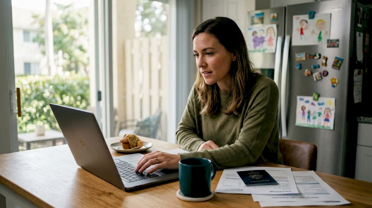Woman preparing rental application at kitchen table
