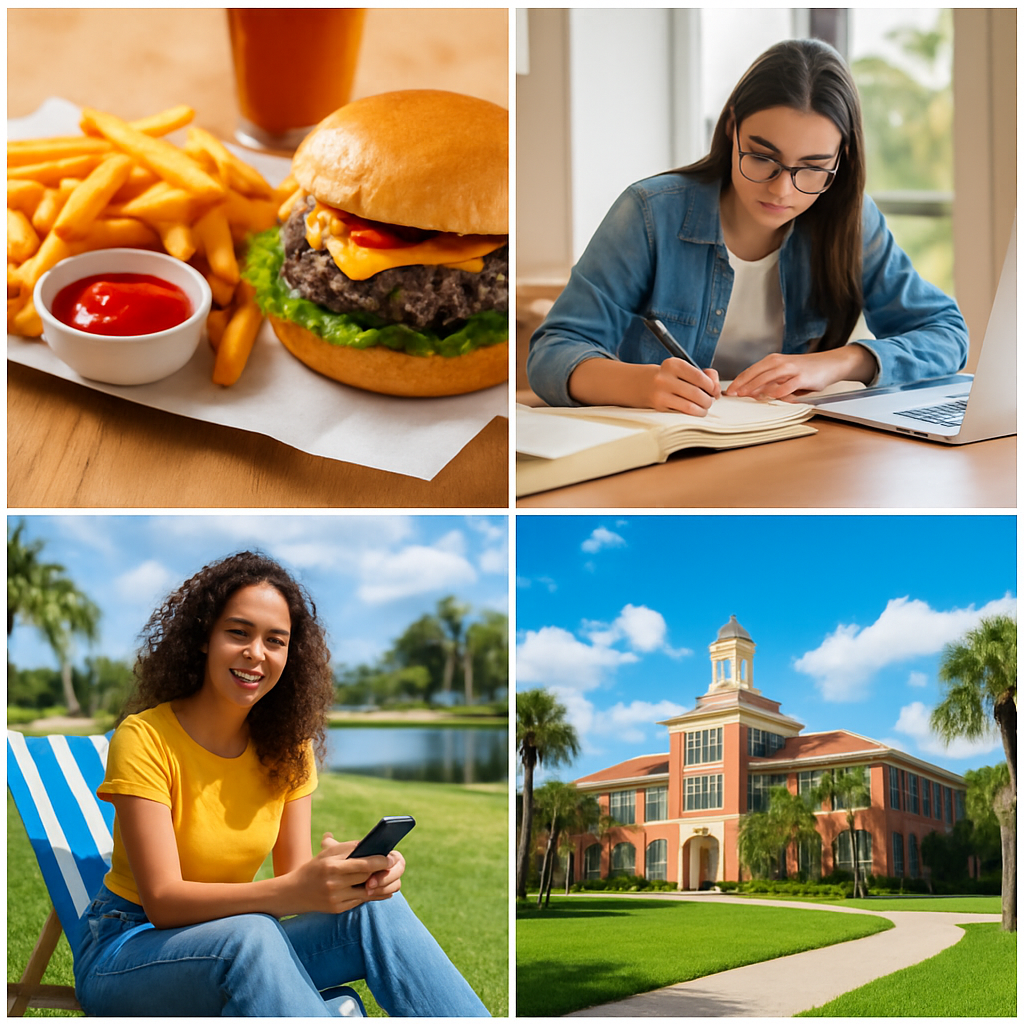 A collage: a burger with fries and ketchup, a woman writing in a notebook near a laptop, a woman smiling outdoors with a phone, and a university building with a clock tower and palm trees.