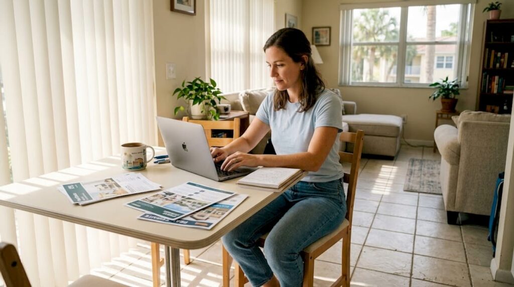 Woman searches apartments on home laptop