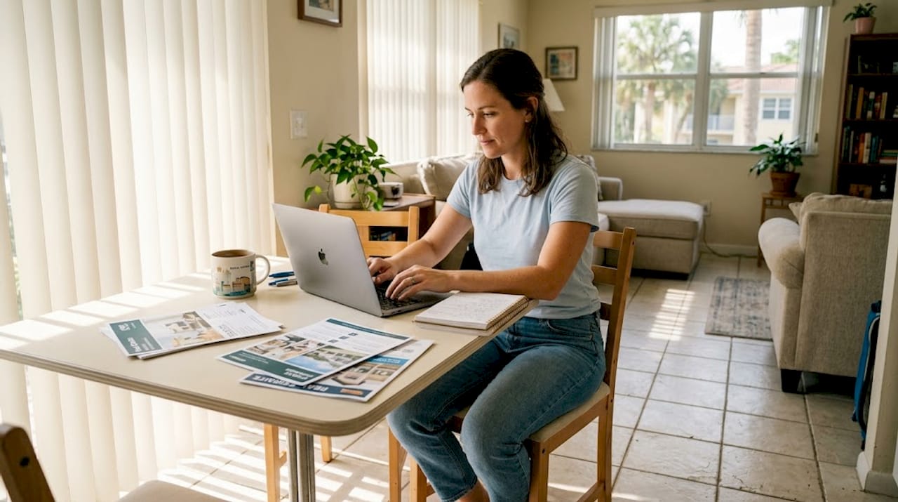 Woman searches apartments on home laptop