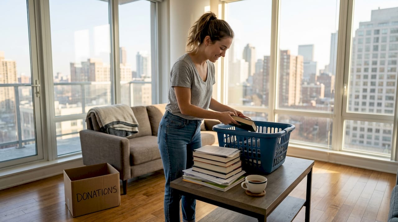 Woman organizing cluttered apartment living room