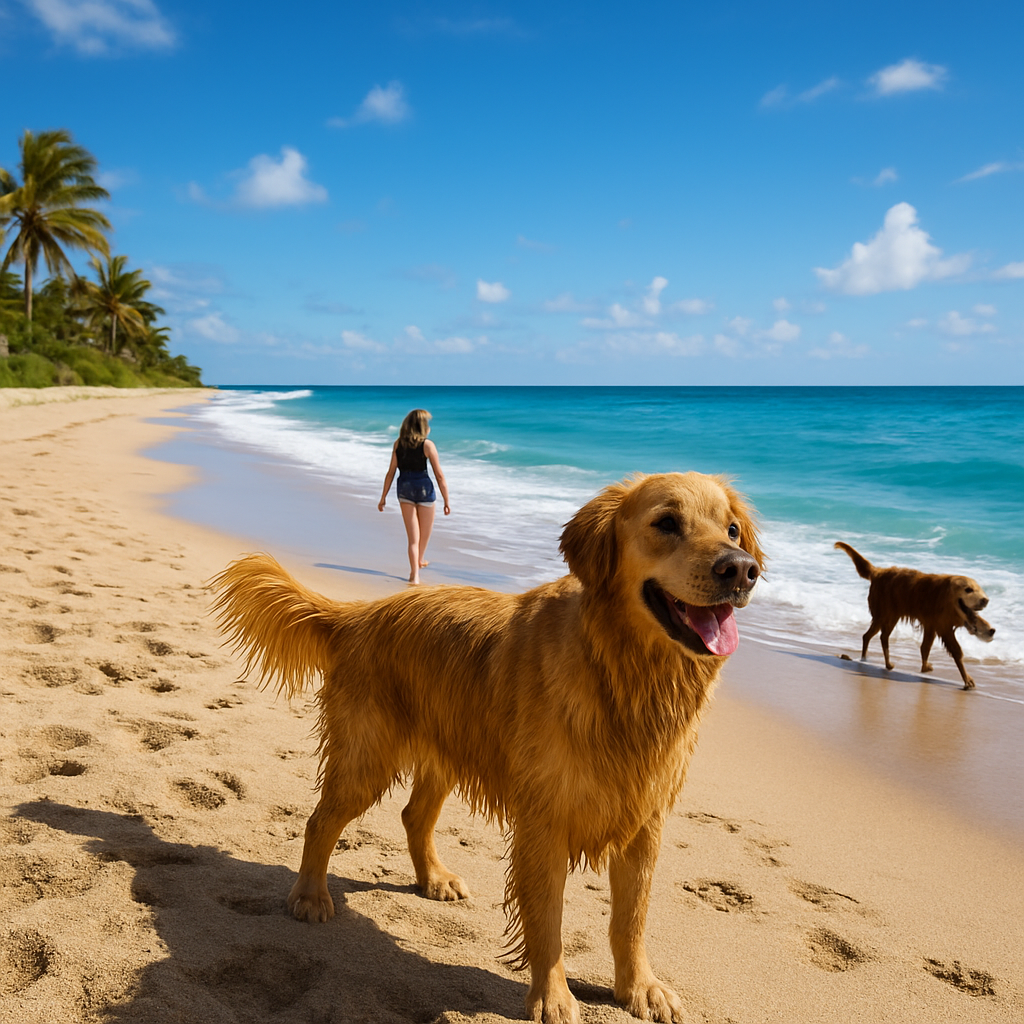 A golden retriever stands on a sandy beach with another dog playing in the surf. A woman in swimwear walks along the shoreline under a bright blue sky with palm trees in the background.