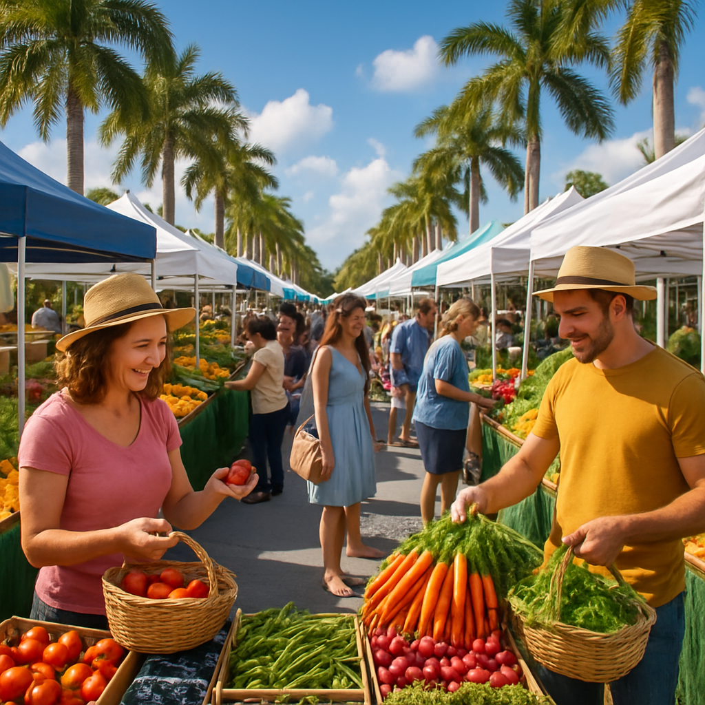 Two people in hats smile while shopping for fresh vegetables at an outdoor farmers market lined with tents, surrounded by palm trees and other shoppers on a sunny day.