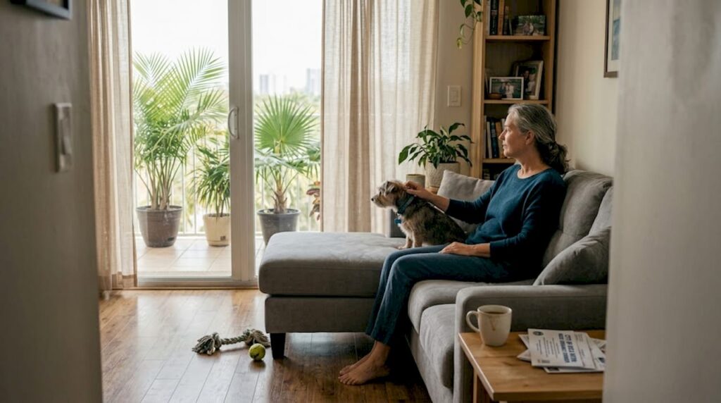Woman with small dog in Boca Raton apartment