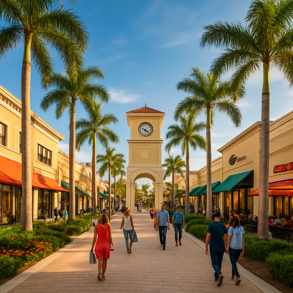 People stroll along a palm-lined outdoor shopping center with colorful awnings and a central clock tower under a bright, clear sky. Shops and cafes line both sides of the walkway.