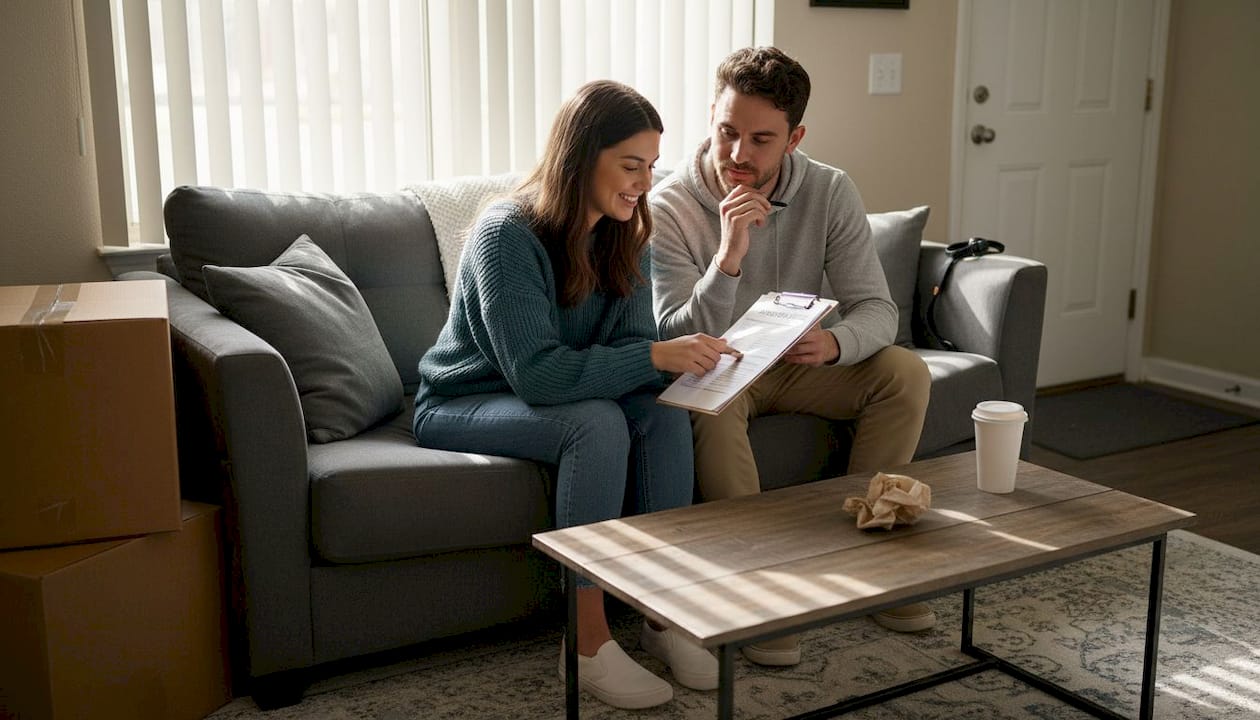 Couple reviewing apartment amenities list at home