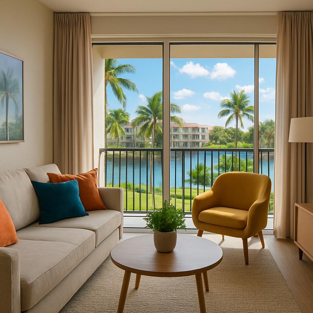 A bright living room with a beige sofa, colorful cushions, a yellow armchair, and a round coffee table with a plant, featuring a large window overlooking palm trees, water, and buildings on a sunny day.