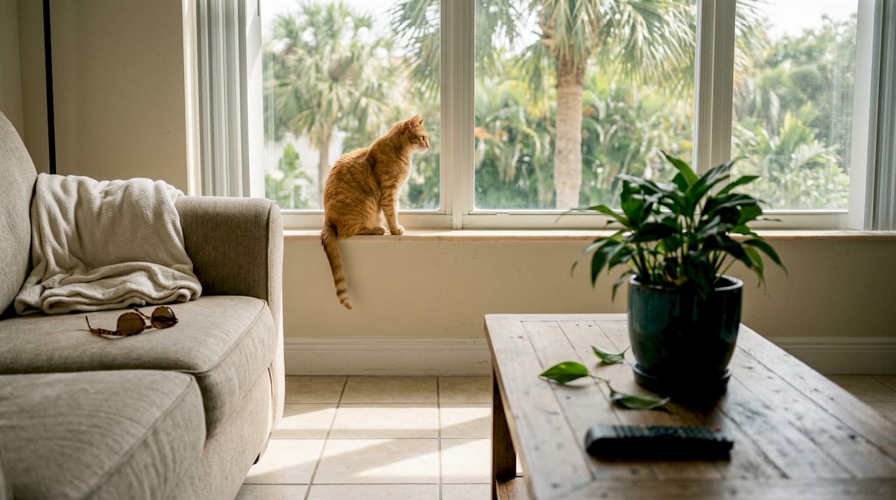 Tabby cat in sunlit apartment living room